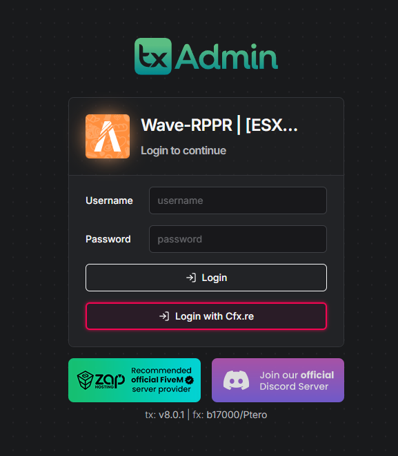 Écran de reconfiguration TXAdmin après suppression du dossier txData